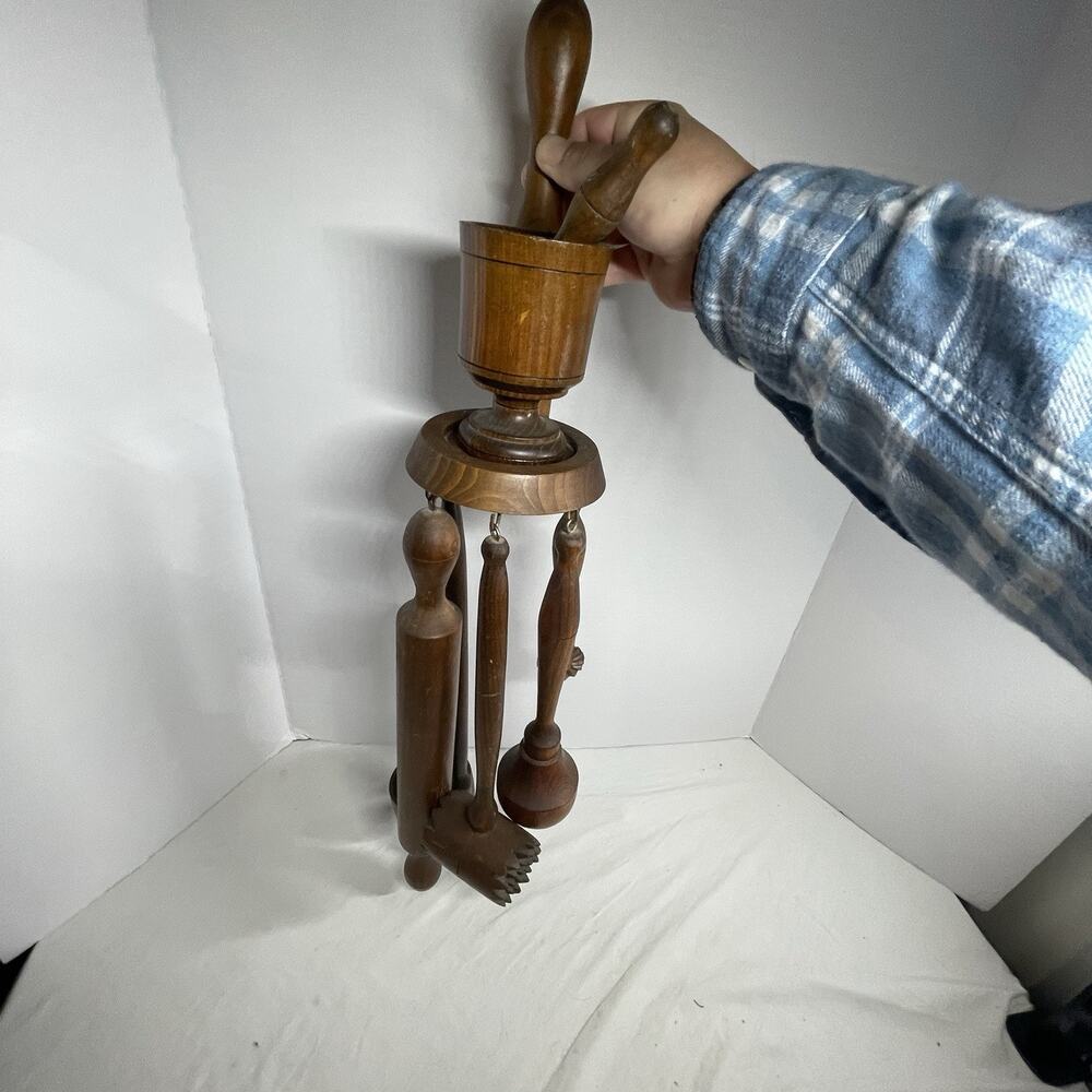 Vintage Primitive Wooden Carved Kitchen Utensil Hanging Caddy